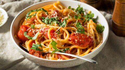 Bowl of Homemade Bucatini Pasta with Tomato and Basil