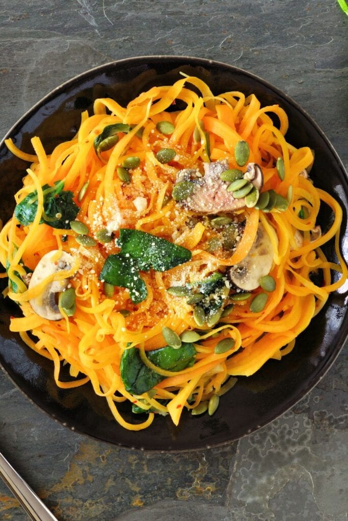 Butternut Squash Noodles with Spinach, Mushrooms, and Edamame