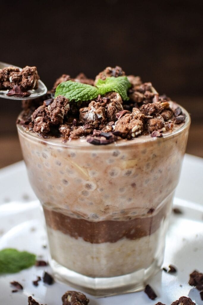 Cacao Chia Pudding with Oatmeal in a Glass