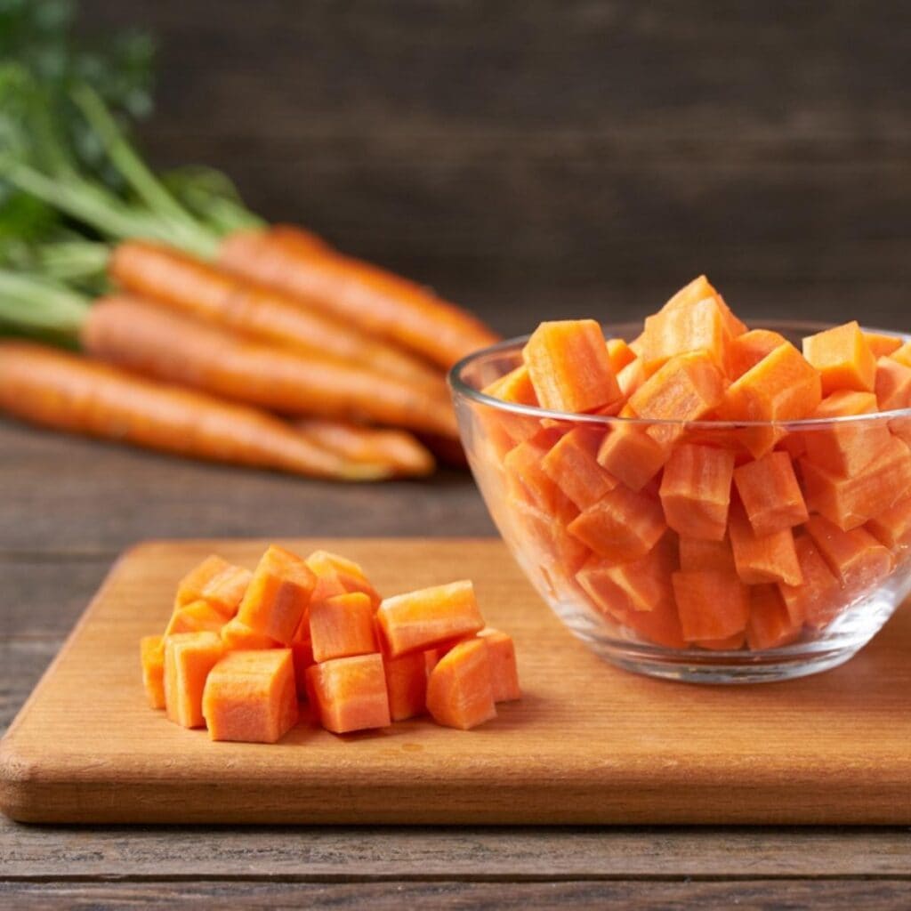 Cube Sliced Fresh Carrots in a Glass Bowl