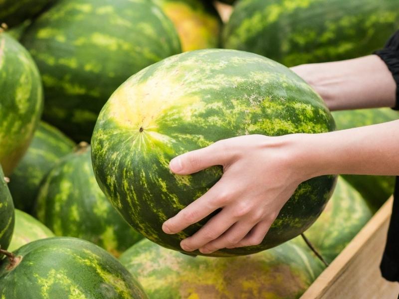How to Tell If a Watermelon is Ripe (6 Ways): A Person Picking Watermelon Displayed at a Store