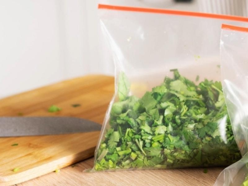 Chopped cilantro in a ziplock bag