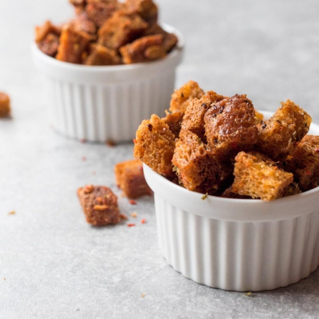 Cubes of Croutons in a Small Baking Dish