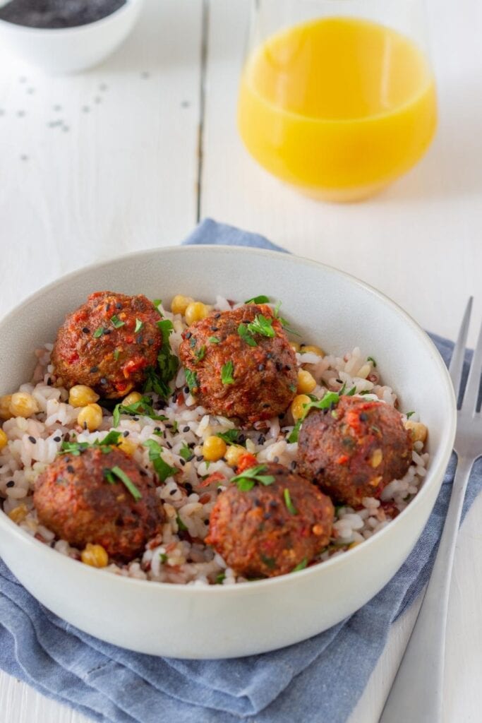 10 Easy Ground Turkey and Rice Recipes: Ground Turkey Meatballs with Rice in a Bowl