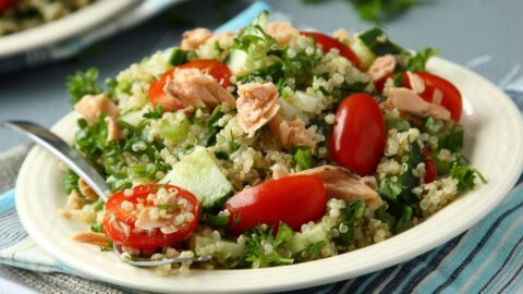 Healthy Tabbouleh Salad with Tomatoes, Cucumber and Tuna in a Plate
