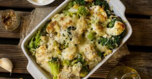 Homemade Baked Gratin of Cauliflower, Broccoli, Romanesco in a Sheet Pan