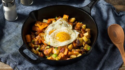 Homemade Breakfast Potato Hash with Egg, Bacon and Green Peas