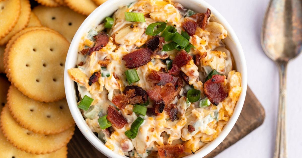 Homemade Cheesy Dip with Bacon, Green Onions and Crackers