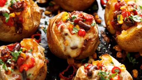 Homemade Cheesy Stuffed Baked Potatoes with Chili Con Carne