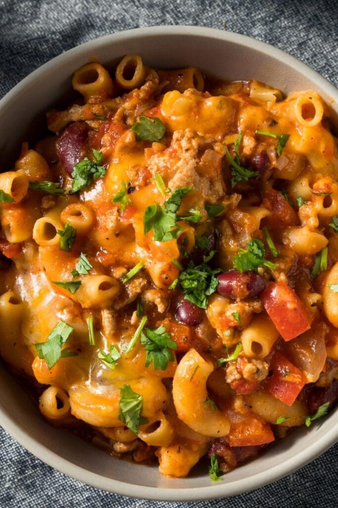 Homemade Chili Mac and Cheese with Cilantro and Red Beans
