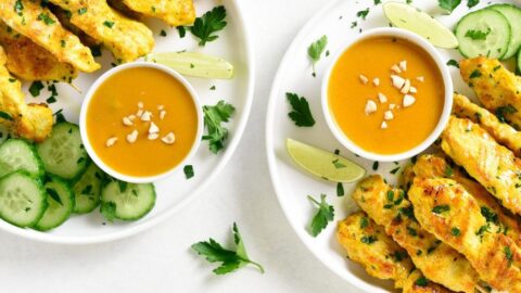 Homemade Grilled Chicken Satay with Cucumber and Peanut Sauce