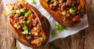 Homemade Organic Baked Stuffed Sweet Potatoes with Ground Beef and Green Onions