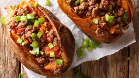 Homemade Organic Baked Stuffed Sweet Potatoes with Ground Beef and Green Onions