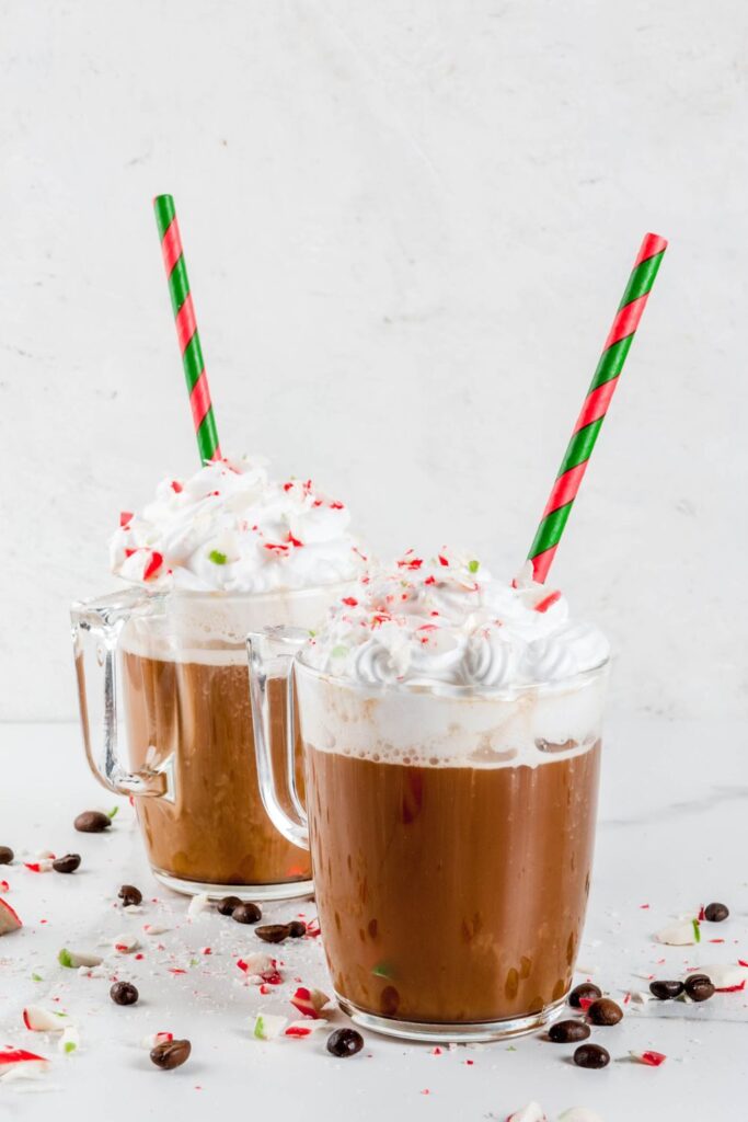 23 Christmas Coffee Drink to Keep Warm in Winter. Shown in picture: Homemade Peppermint Coffee Mocha with Whipped Cream