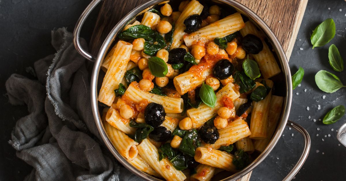 Homemade Rigatoni and Chickpea Pasta with Olives and Spinach