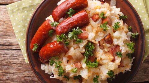 Homemade Stamppot with Sausage, Potatoes, Sauerkraut and Carrots