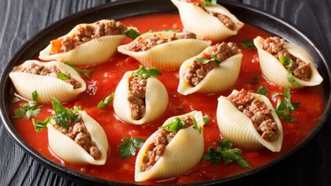 Homemade Stuffed Pasta Shells with Ground Beef, Marinara Sauce and Herbs