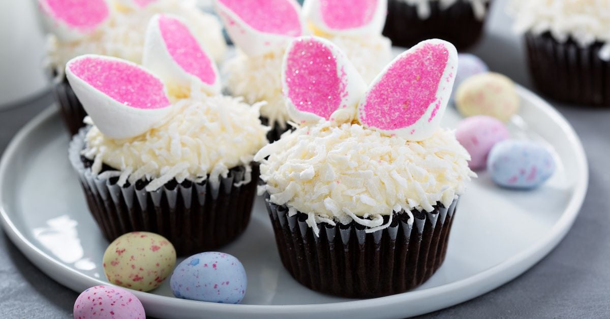 Homemade Sweet Chocolate Cupcakes with Easter Bunny Decorations