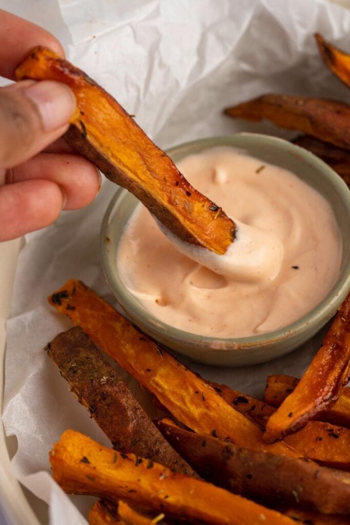 Homemade Sweet Potato Fries Dipped in a Mayonnaise