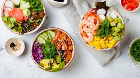Homemade Tuna, Salmon, Shrimp Bowls with Mangoes, Avocadoes and Seaweeds