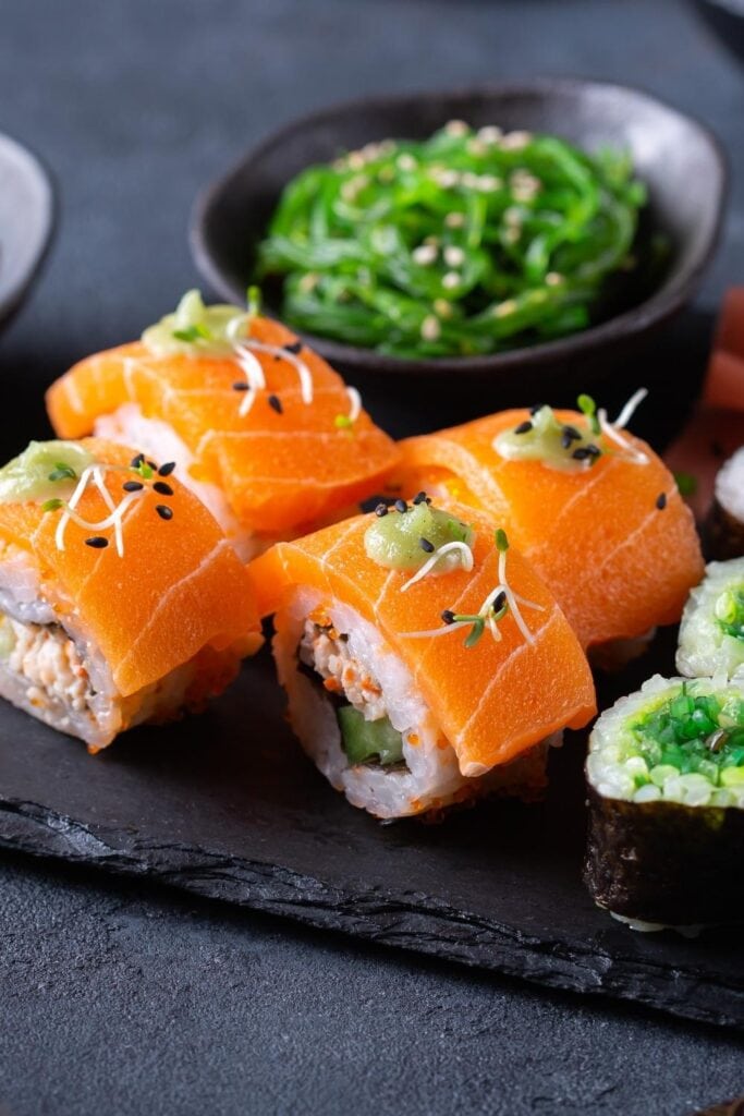 Homemade Vegan Salmon Sushi with Japanese Seaweeds