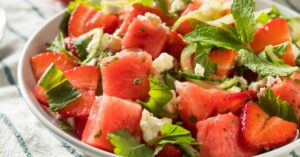 Homemade Watermelon, Strawberry and Cucumber Salad with Feta Cheese