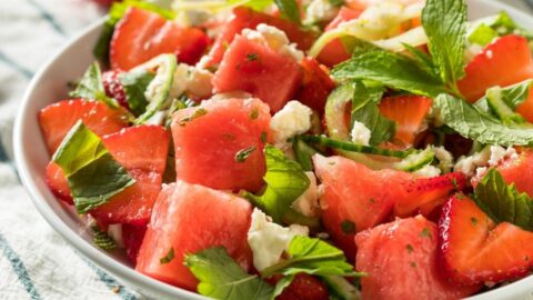 Homemade Watermelon, Strawberry and Cucumber Salad with Feta Cheese