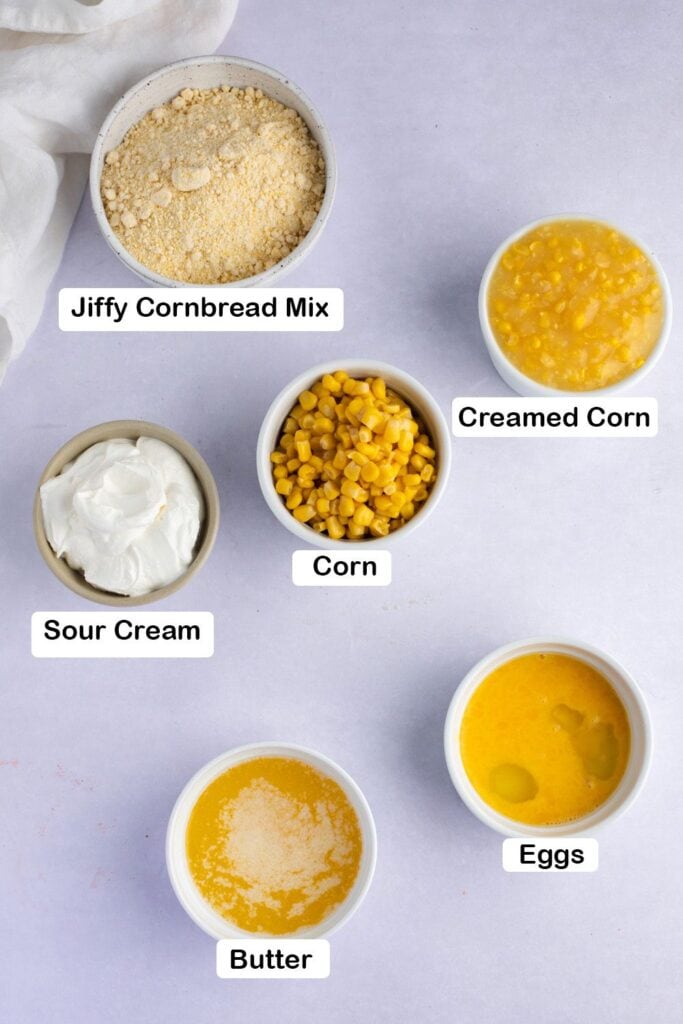 Jiffy Cornbread Casserole Ingredients: Jiffy Cornbread Mix, Corn, Sour Cream, Butter and Eggs