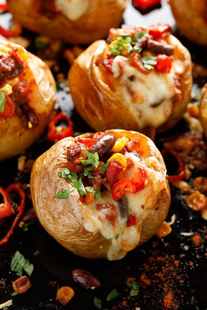 Mexican Style Stuffed Baked Potatoes with Chili Con Carne and Cheese