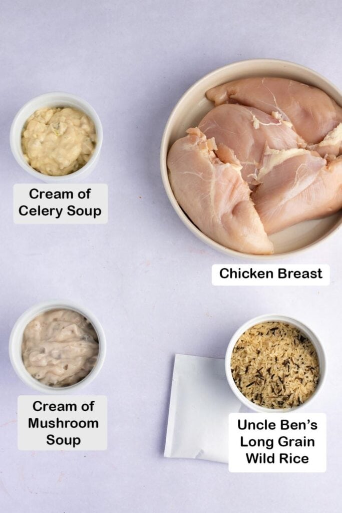 No-Peek Chicken Ingredients: Cream of Celery Soup, Cream of Mushroom Soup, Chicken Breast and Uncle Ben's Long Grain Wild Rice