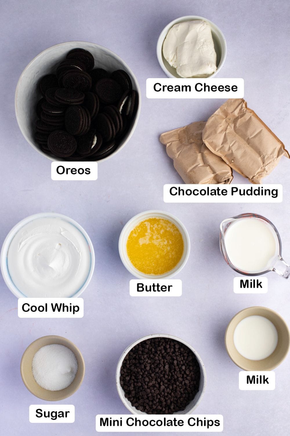 Oreo Lasagna Ingredients: Oreo, Cream Cheese, Cool Whip, Butter, Chocolate Pudding, Butter, Sugar, Chocolate Chips and Milk