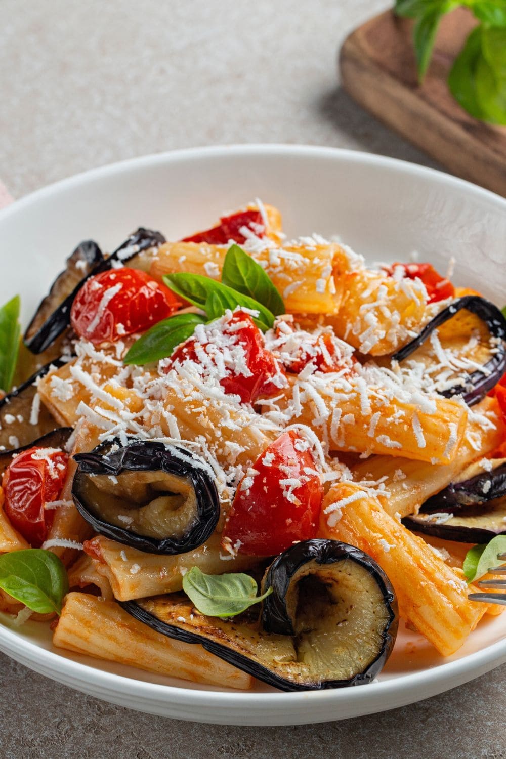Penne Pasta With Eggplant Tomatoes And Ricotta Cheese 