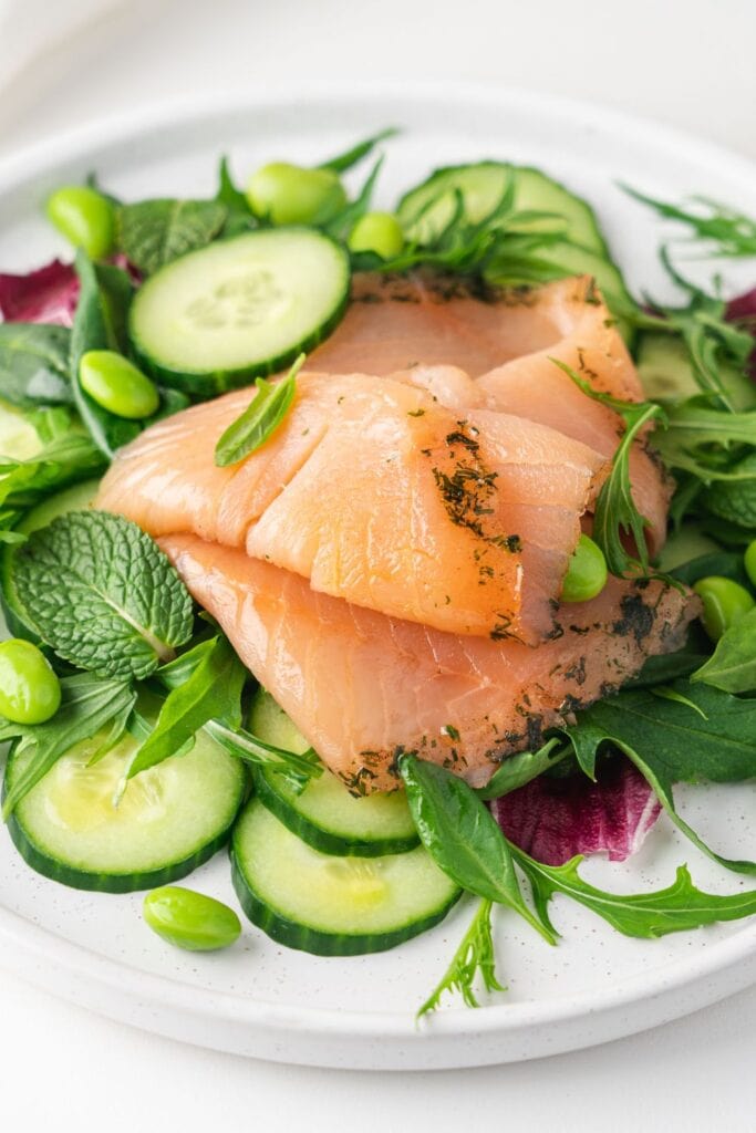Salmon Salad with Cucumbers, Spinach and Mizuna Leaves
