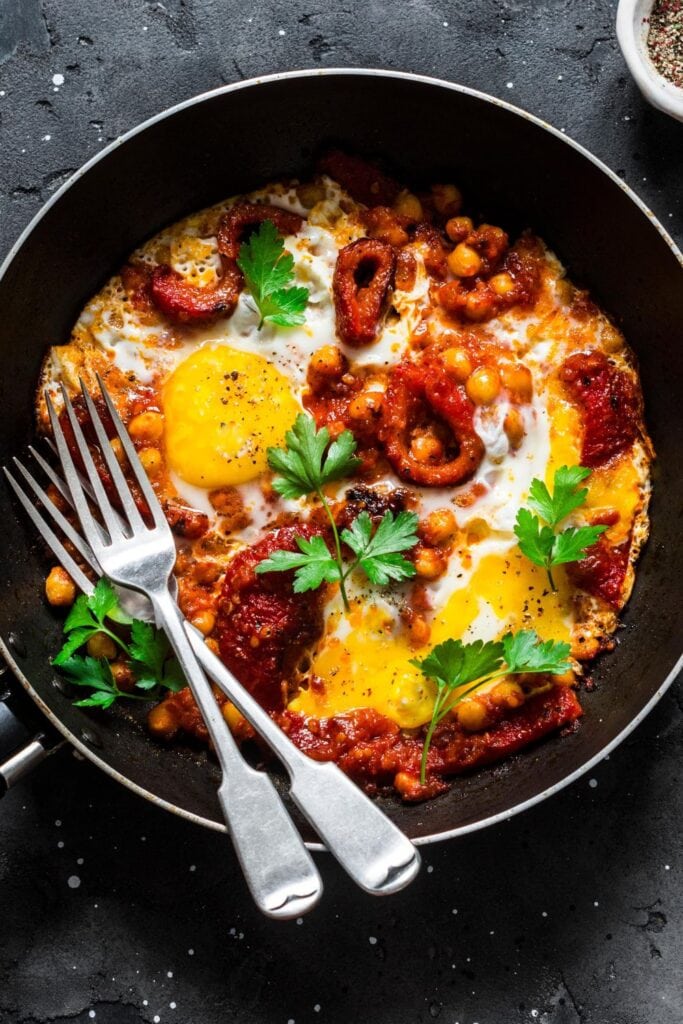 Shakshuka with Baked Sweet Peppers, Chickpeas and Eggs