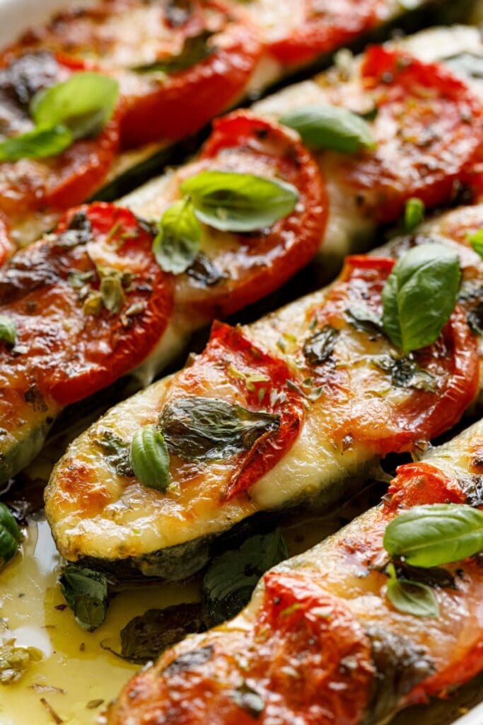 Stuffed Zucchini Boats with Cheese, Basil and Olive Oil
