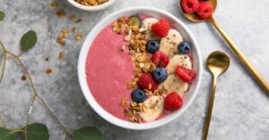 Sweet Homemade Strawberry Banana Smoothie Bowl with Blueberries
