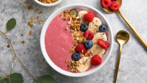 Sweet Homemade Strawberry Banana Smoothie Bowl with Blueberries