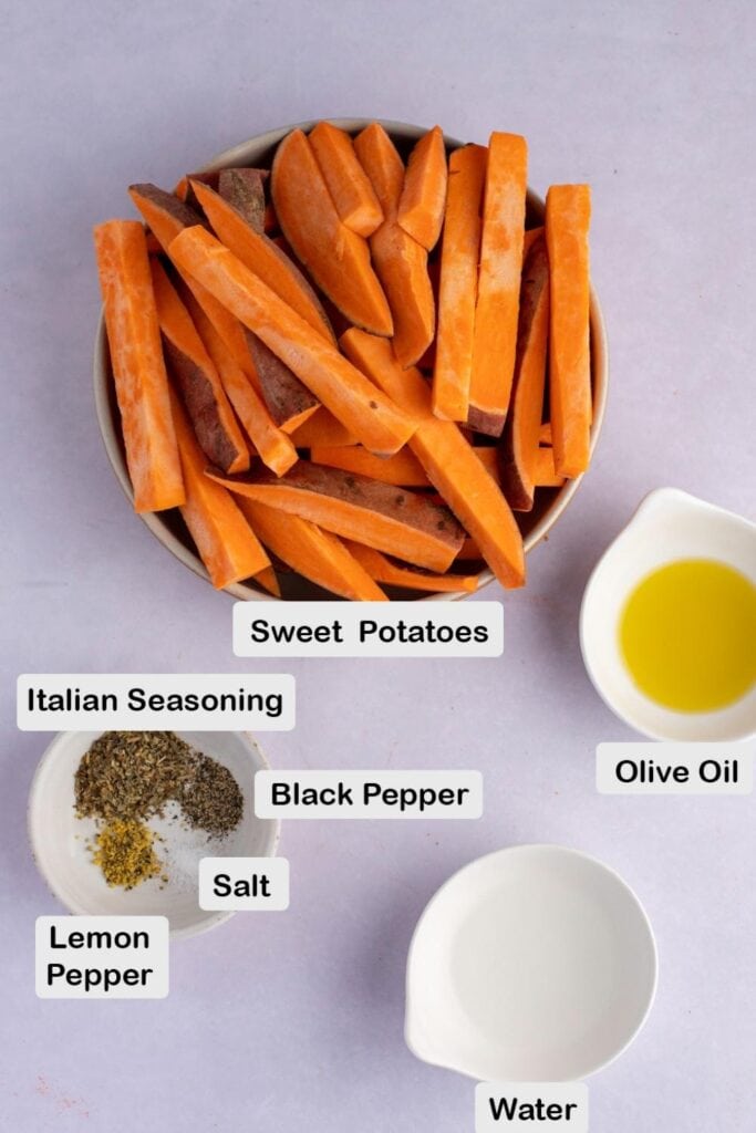 Sweet Potato Fries Ingredients: Sweet Potatoes, Seasoning, Salt, Pepper, Olive Oil and Water