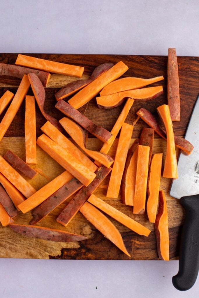 Sweet Potato Fries in a Wooden Cutting Board