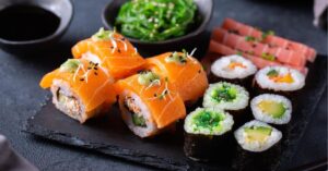 Vegan Salmon Sushi Sashimi and Maki Rolls