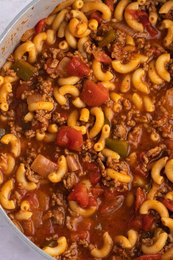 Warm and Hearty American Pot Goulash with Ground Beef and Tomato Sauce