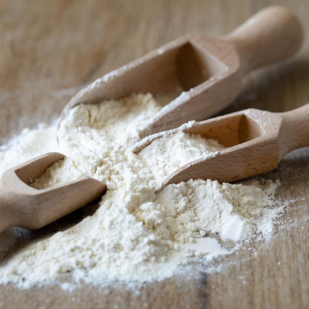All Purpose Flour Scattered on a Wooden Table