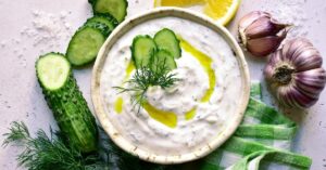 Appetizing Homemade Tzatziki Greek Yogurt Dip with Cucumber and Lemon
