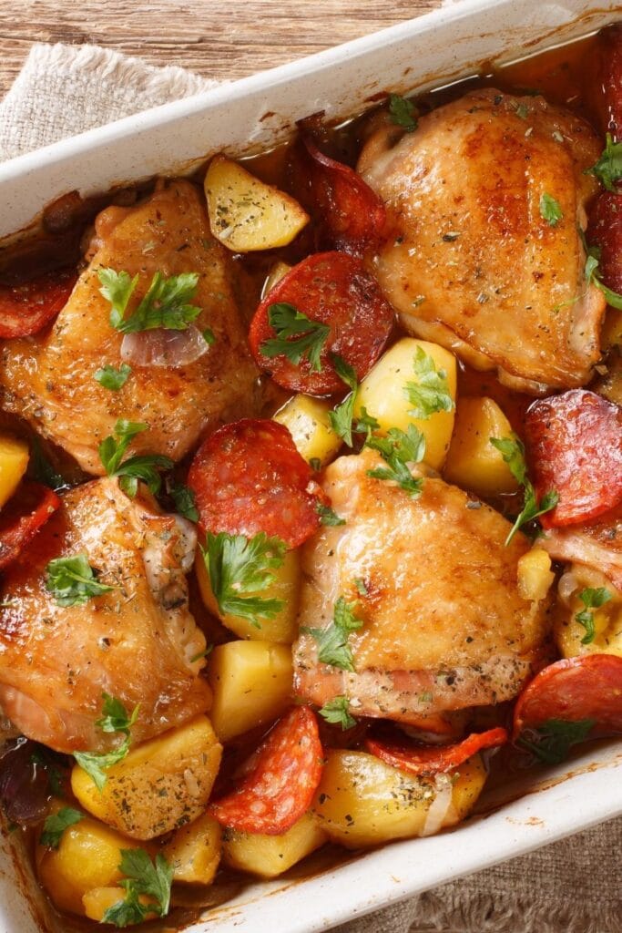 Baked Chicken Thighs with Potatoes and Chorizo Sausage