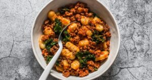 Bowl of Potato Gnocchi with Kale and Ground Turkey