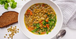 Bowl of Vegan Lentil Soup with Bread