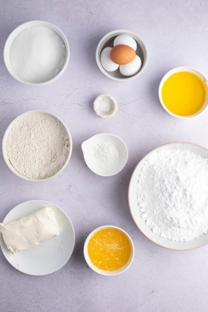 Butter Bar Ingredients: Butter, Flour, Sugar, Baking Powder, Salt, Eggs, Cream Cheese, Vanilla, Powdered Sugar