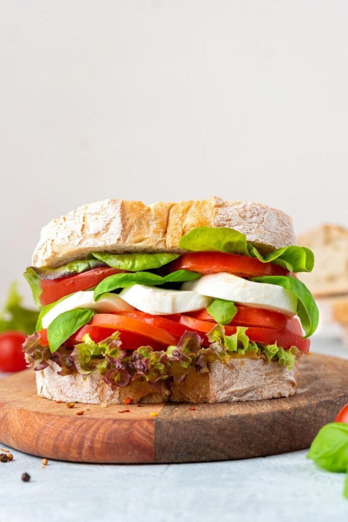 Ciabatta Sandwich with Mozzarella Cheese, Tomatoes, Basil and Lettuce