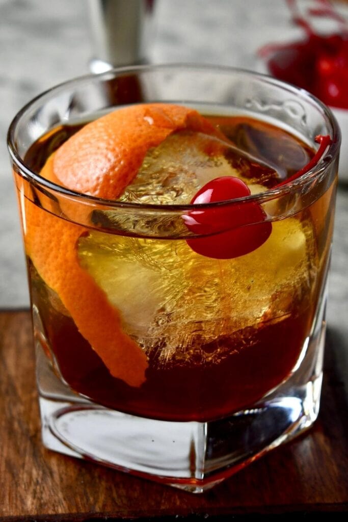 Dr. Pepper Bourbon Cocktail with Cherry and Orange