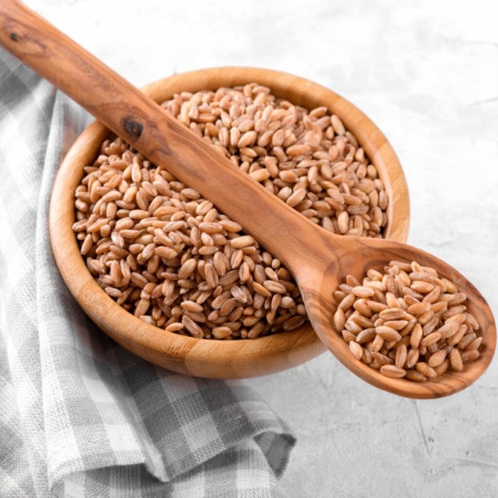 Farro Grains on Wooden Bowl and Spoon
